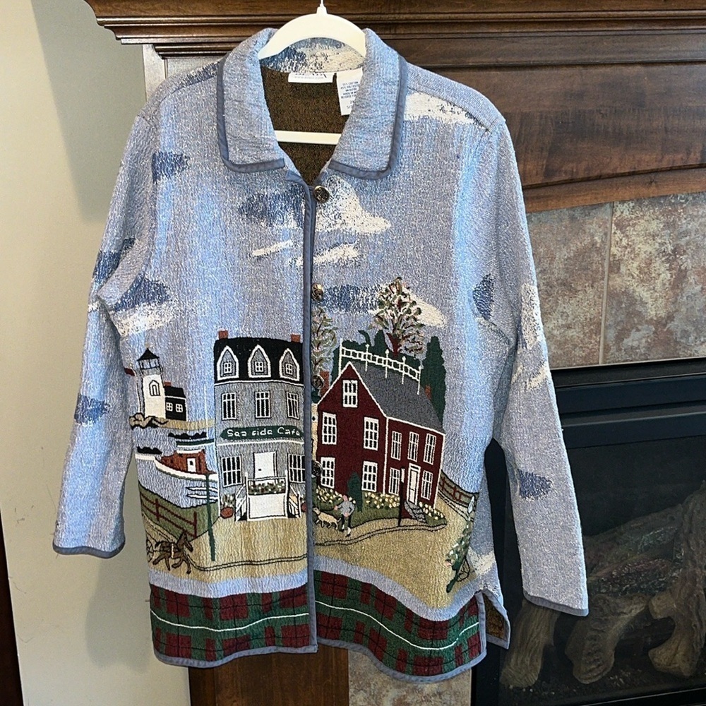 Vintage tapestry seaside lighthouse quaint beach nautical jacket blazer size 2XL